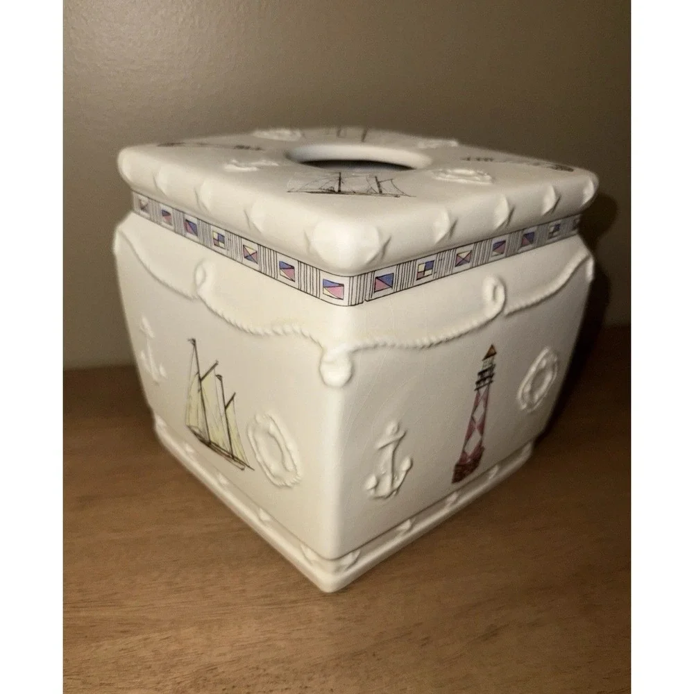 Ceramic Nautical Lighthouse Sailboat Tissue Box Cover Beach Coastal Decor White